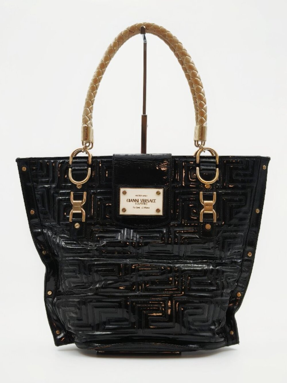 Gianni Versace Couture Black Patent Greek Key Tote Bag Gold Hardware Vintage